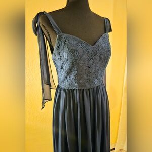 Navy Blue Lace Chiffon Evening Dress
